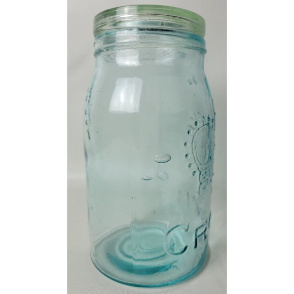 Vintage Crown Blue Glass Quart Canning Jar w. Glass Lid Bubbles D3 - Picture 6 of 11